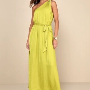 Lulus Goddess Aura Chartreuse Satin One-shoulder Maxi Dress Green - Size XL